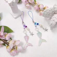 Y2K Cute Phone Charms Set - Aesthetic Cherry,Flower, Butterfly & Star Cell Phone Straps, Kawaii PhoneAccessories For Bag Keychain, , Camera Decor - 粉紅藍美人魚 - 查看 3