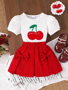 2pcs/Set Young Girls Cute Sweet Puff Sleeve Top + Red Skirt Outfit, Summer School Style - Red - View 1