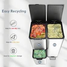 Kitchen Waste Bin With 3 Compartments, Stainless Steel, Pedal Bin, Waste Separation System With Soft-Close Lid, Removable Inner Bucket, 60L (30 + 17 + 13 L) - Silver - View 5