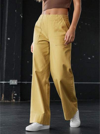 Womens Denim Pull-On Jeans Pockets High Waisted Baggy Straight Leg Stretchy Full Length Trousers