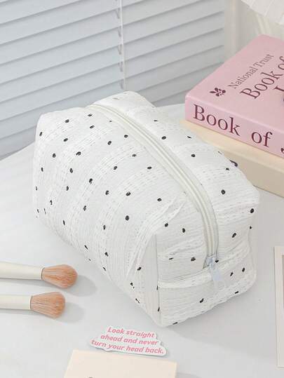1Pc Elegant Lace Fabric Polka Dot Decorate Stripped Pattern Soft Women Makeup Bag Travel Portable Zipper Ruffle Cosmetic Bag Storage Pouch Cute Toiletry Bag Large Capacity Travel Skincare Makeup Storage Bag With Handle Multifunctional Storage Bag,Make Up Brushes Storage Bag Sanitary Napkin Storage Bag For Travel Daily Life, Back To School Supplies Travel Essentials Cruise Essentials Dorm Essentials Birthday Gift Wedding Bridesmaid Gift Mom's Gift New Year's Gift