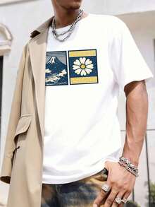 Japanese Style T-Shirt With Wave And Flower Pattern From Mount 100% Cotton Loose Fit Casual Breathable - trắng - Xem 1