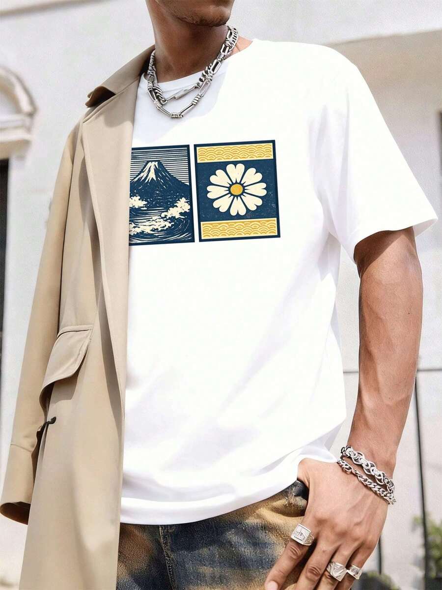 Japanese Style T-Shirt With Wave And Flower Pattern From Mount 100% Cotton Loose Fit Casual Breathable - trắng - Xem 1