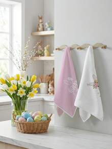 2 Piezas de Toallas de Cocina con Estampado de Conejito Rosa y Floral, Toallas de Platos Feliz Pascua que se Pueden Usar para Secar las Manos en la Cocina, Toallas de Té - Rosa Pálido - Ver 9