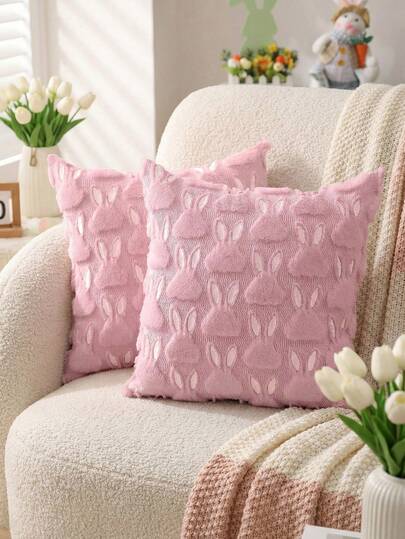 1/2pcs Easter Pink Rabbit Embroidered Decorative Pillow Cover, Suitable For Indoor Decor, Easter Decoration Cushion Cover, Pillow Insert Not Included Daily Festival Gatherings, Living Room Sofa Decoration, Home Decoration (Multiple Color Options)