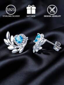 Boucles d'oreilles à tige en feuille de diamant bleu en argent sterling S925, boucles d'oreilles créoles florales en zircone cubique, style élégant et polyvalent pour le travail, cadeau pour petite amie/anniversaire, boîte cadeau - Argent - Voir 5