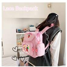 Strawberry Embroidery Backpack For Girls - Cute Lace Pink School Bag For Teen Students, Kawaii JK Fashion Satchel For Daily Use & Campus Style - Hồng - Xem 4