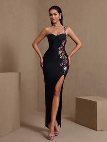 Elegant Sexy Rhinestone Embellished Slit Evening Dress For Party, Date, Formal Dinner Wedding Black Fall - Black - View 4