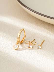 Nooxian 3件套斋月多层耳骨穿孔耳环套装，简约日常金色蝴蝶结铜锆石耳钉套装，日常叠戴饰品礼品（不含礼盒） - 金黃色 - 查看 5