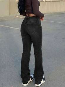 女士休闲时尚街头风日常通勤复古做旧修身喇叭牛仔裤黑色春季款 - 黑色 - 查看 5