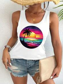 Women'S Tropical Beach Print Tank Top - Vibrant Sunset & Palm Tree Design, Casual Sleeveless Tank For Spring & Summer, Lightweight Polyester Fabric, Perfect For Casual Attire - White - View 6