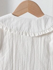 女童刺绣荷叶边领纽扣短袖衬衫，学院风夏季款 - 白色 - 查看 3