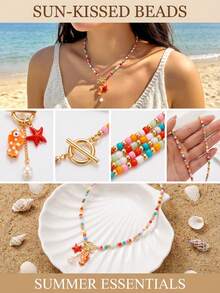 1pc Bohemian Unique & Fun Ceramic Fish, Starfish, Tassel, Faux Pearl, Turquoise Bead OT Clasp Necklace, Great Gift Choice For Friends And Family, Summer New Arrival - Multicolor - View 5