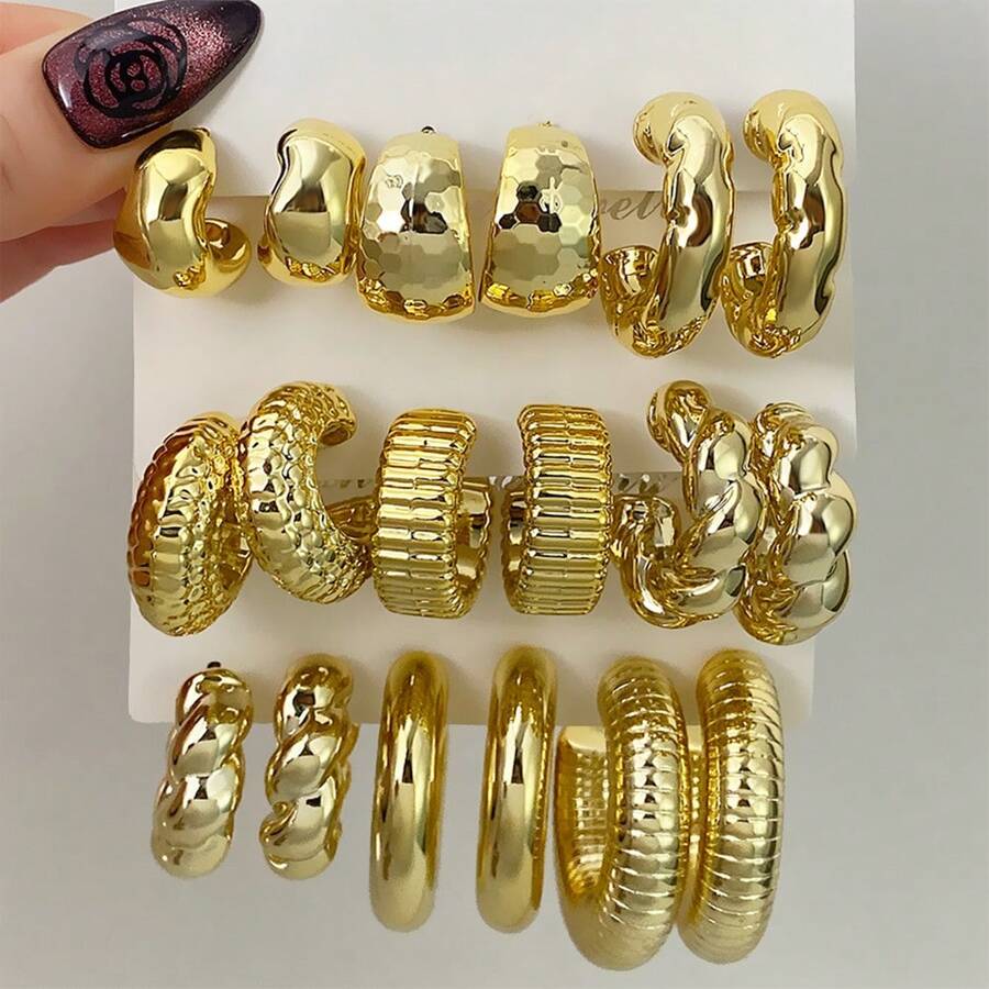 18件套CCB耳环套装，不对称C形轮胎图案耳环套装，女士珠宝礼品 - 金色 - 查看 1