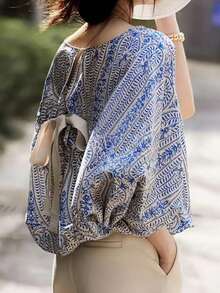 女式夏季花卉印花涤纶衬衫，节日雪纺蝴蝶结无袖衬衫 - 花色 - 查看 3