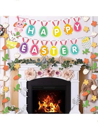 1 Set Easter Bunny Flags Banner, "Happy Easter" Colorful Eggs & Bunny Pattern Decorative Banner, Paper Decoration For Easter Party Background, Home Decor, DIY Hanging Decor, Suitable For Easter Decoration, Home Background Decor, Outdoor Decor, Holiday Hanging Decor