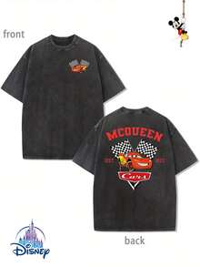 1 New Disney Pure Cotton Washed T-Shirt, Disney Racing Story MCQUEEN Champion Racing Print, LIGHTNING MCQUEEN Racing Car, Round Neck Leisure Comfortable Pure Cotton Washed T-Shirt, Suitable For Sports And Daily Wear, Good Choice For Gifts, Party Essential, High-Quality Clothing, Suitable For Gifts. - 黑色 - 查看 1