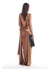 New High-Quality Satin Temperament Flower Dress Split-Ended Long Dress - Brown - View 3