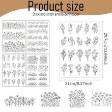 4 piezas Juego de patrones de bordado floral, papel estabilizador autoadhesivo y soluble en agua con hilo de bordado y aguja, adecuado para manualidades DIY - A - Ver 3
