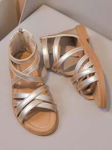 1 đôi sandal cao cổ đế bằng kiểu công chúa dễ thương cho bé gái, chống mài mòn và chống trượt, sandal La Mã hở mũi thời trang cho mùa hè - Vàng - Xem 10