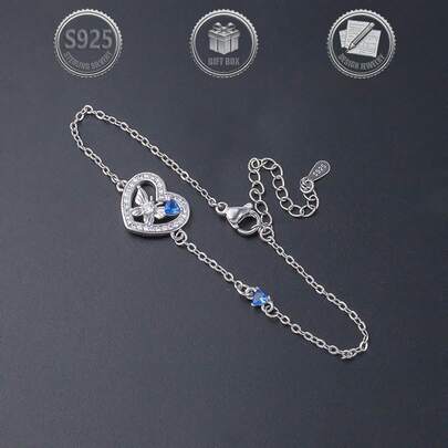 1条优雅精致的925银蝴蝶心形镶嵌立方氧化锆女士手链，适合日常、派对、节日、约会、送礼等场合。