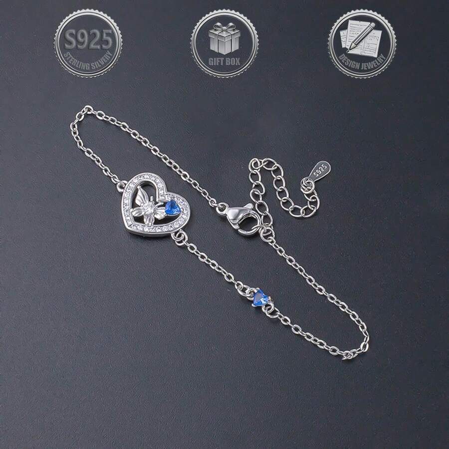 1条优雅精致的925银蝴蝶心形镶嵌立方氧化锆女士手链，适合日常、派对、节日、约会、送礼等场合。 - 白金 - 查看 1