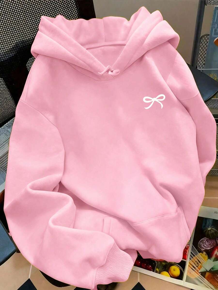 Cute Versatile Bow Pattern Women's Long Sleeve Pocket Casual Sweatshirt - Baby Pink - View 1