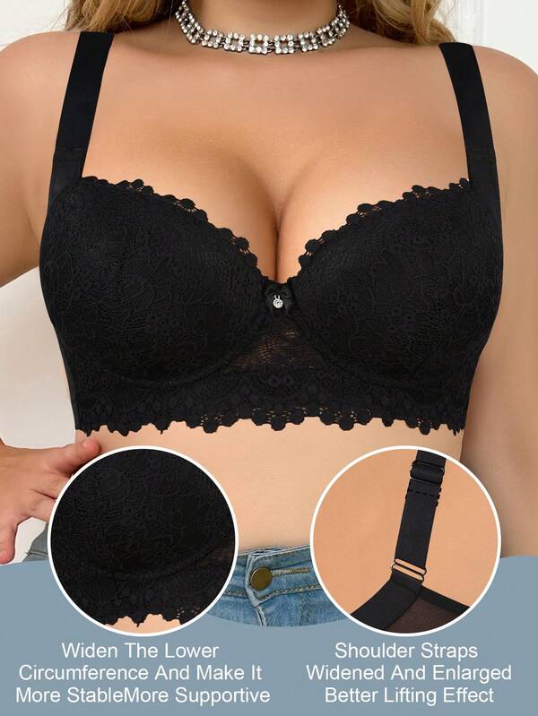Women's Plus Size Black Lace Bra - Side Coverage, Breathable Comfort, Vacation Wear