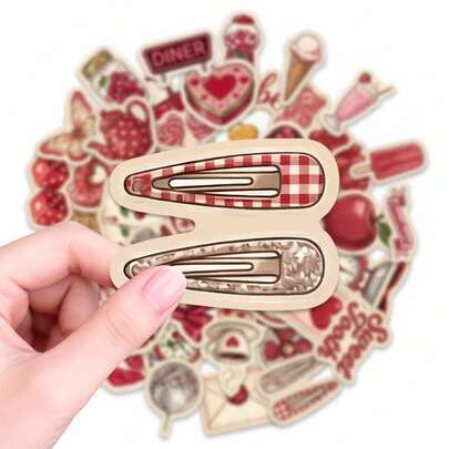 50 Pcs Classic Romance Stickers Collection - Red Lips, Cherry & Vinyl Record Designs, Chic Decals For Tablet, Planner & Room Decor, Perfect For Vintage-Inspired DIY Projects