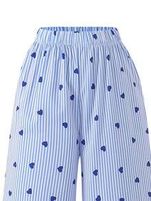 2pcs/Set Big Girls' Fashion Casual Vacation Style Handcraft Heart Striped Print Camisole Top And Loose Wide Leg Pants Set, Summer - Blue - View 6