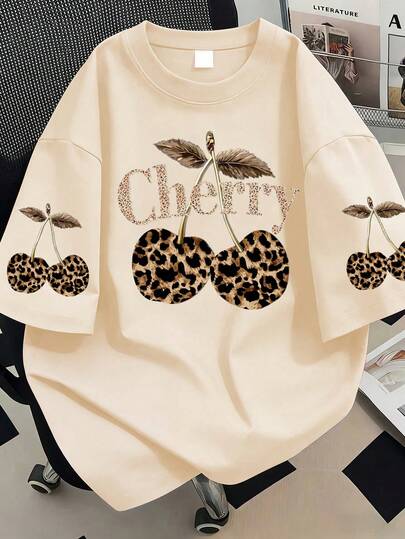 Plus Size Women's Summer T-Shirt, Leopard Print Cherry Pattern, Casual Loose Short Sleeve, Suitable For Back To School Season, Also Suitable For New Year, Holidays, Daily Wear, Outings, Beach, Parties, School, Music Festivals, Vacations, Commuting And Other Occasions. Suitable For Summer Holiday Outfits, Beach Outfits, Vacation Outfits, Spring Outfits, Valentine's Day Outfits, Carnival Outfits, Mother's Day Gift; Gift For Mom;