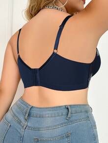 mimilemon Plus Size Women Navy Blue Floral Embroidery Supportive Bra - Comfortable Loose Hem Support - Blue - View 7