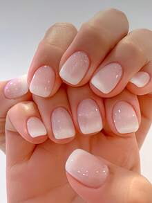 48片方形简约白色渐变粉色哑光假指甲，适合手指和脚趾DIY纯色美甲，适合女士和女孩约会及日常使用，可移除美甲贴纸套装 - 彩色 - 查看 3