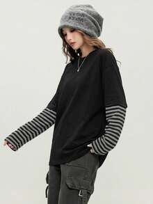 JUTU Spring & Autumn Black Striped Patchwork Sleeve T-Shirt, Comfortable Loose Fit Long Sleeve Top, Young Lady Style Casual - 2A19 Black - View 6
