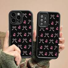 Funda para teléfono con estampado de lazo de cereza, compatible con fundas ,  17,  16 Pro Max,  15 Pro Max,  13 y  12. Fabricada en TPU, engrosada, finamente perforada, simple, resistente a caídas y resistente. Un regalo perfecto para familiares, amigos, seres queridos, novios/novias, y para festividades y aniversarios. - Negro - Ver 4