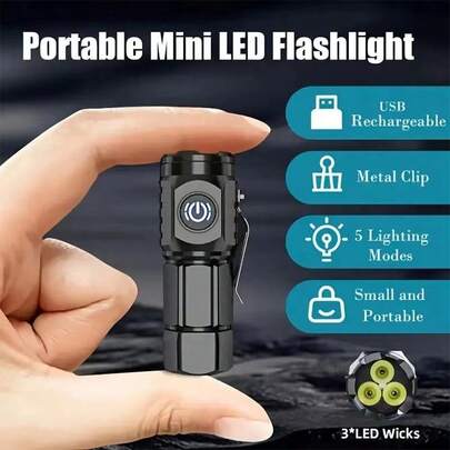 1pc Powerful 3-Core Mini Pocket Flashlight, Portable Mini LED Flashlight, USB Rechargeable, Bright Lighting, 5 Lighting Modes, Built-In Battery, Super Bright Clip-On Light, Suitable For Hiking, Camping, Fishing, Running, Work, Car, Outdoor Emergency
