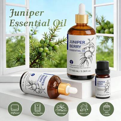  HIQILI 杜松子精油，浓郁木质香调，纯杜松精油，适用于放松、清洁、按摩、SPA、皮肤及足部护理，可添加到香薰机、净化乳液中 - 100毫升/30毫升/10毫升杜松油