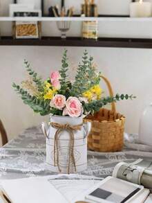 OBOVAY Vintage Bauernhaus Metall verzinkter Vase - Rustikale abgenutzte cremefarbene Milchkanne mit "Home Flowers" Etikett, sortierte Stil Eisen Vase Geschenktüte, perfekt als Mittelpunkt und Heimdekoration Raumdekoration Blumenvase Glasvase - Verschiedenfarbig - Übersicht 4
