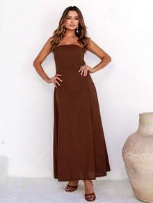 Elegant Strapless Long Linen Dress For Weddings, Offices, Holidays, Formal And Evening Events. - 鏽棕色 - 查看 3
