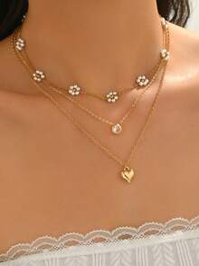 3pcs/Set Fashionable Gold Chain Necklace With Crystal Heart Pendant, Versatile Jewelry For Daily Wear, Dates, Parties, Music Festivals - Golden - View 1