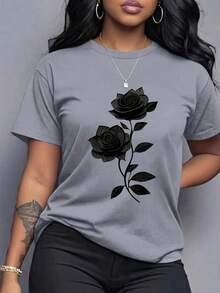 Spring Clothes Women's Clothing, Ladies Plus Size T-Shirt Black Rose Print - Casual Short Sleeve Round Neck Top, Medium Stretch Fabric, All-Season Comfortable Wear, Elegant Floral Design For Daily And Special Occasions, Machine Washable Loose And Comfortable Summer - 淺灰色 - 查看 12