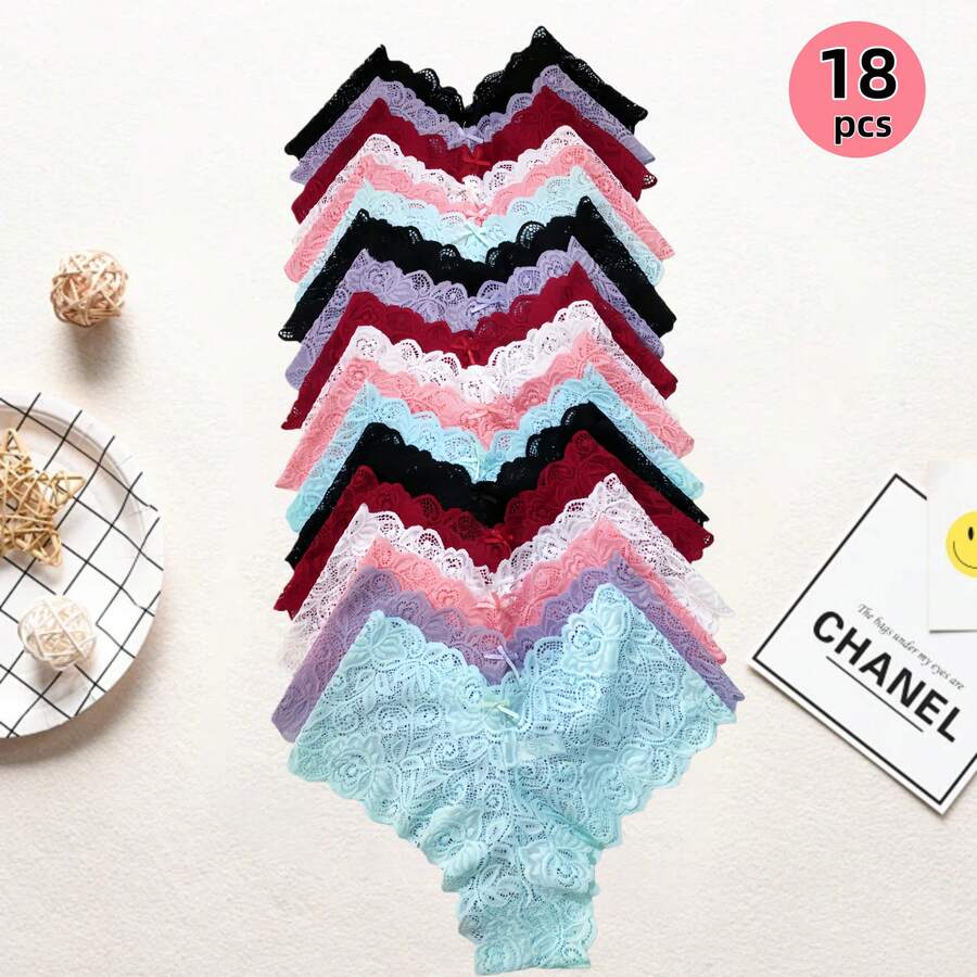 18-Piece Set Of Low-Waisted, Sexy Lace Panties In Plus Sizes (M-XXL). They Hug Your Curves, Breathe Well, And Keep You Comfy All Day. From Our Elegant Collection, With Bowknots, They Suit Any Look, For Daily Wear Or Special Moments. - Nhiều màu - Xem 1