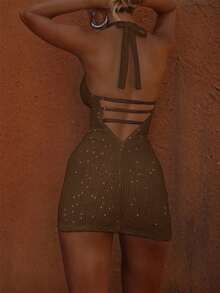 亮片提花针织露背紧身连衣裙，女士性感V领短款紧身连衣裙，适合派对之夜，女士露背紧身迷你连衣裙，适合夜店、音乐节、婚礼季、度假、返校季等场合。#节日穿搭 #露背风格 #派对造型 #约会之夜穿搭 春季 - 棕色 - 查看 7