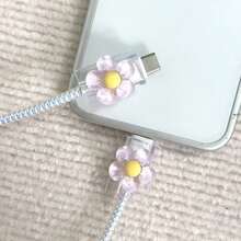 2 piezas Cubierta protectora transparente con forma de flor para cable de carga, protector de cargador - Morado - Ver 5