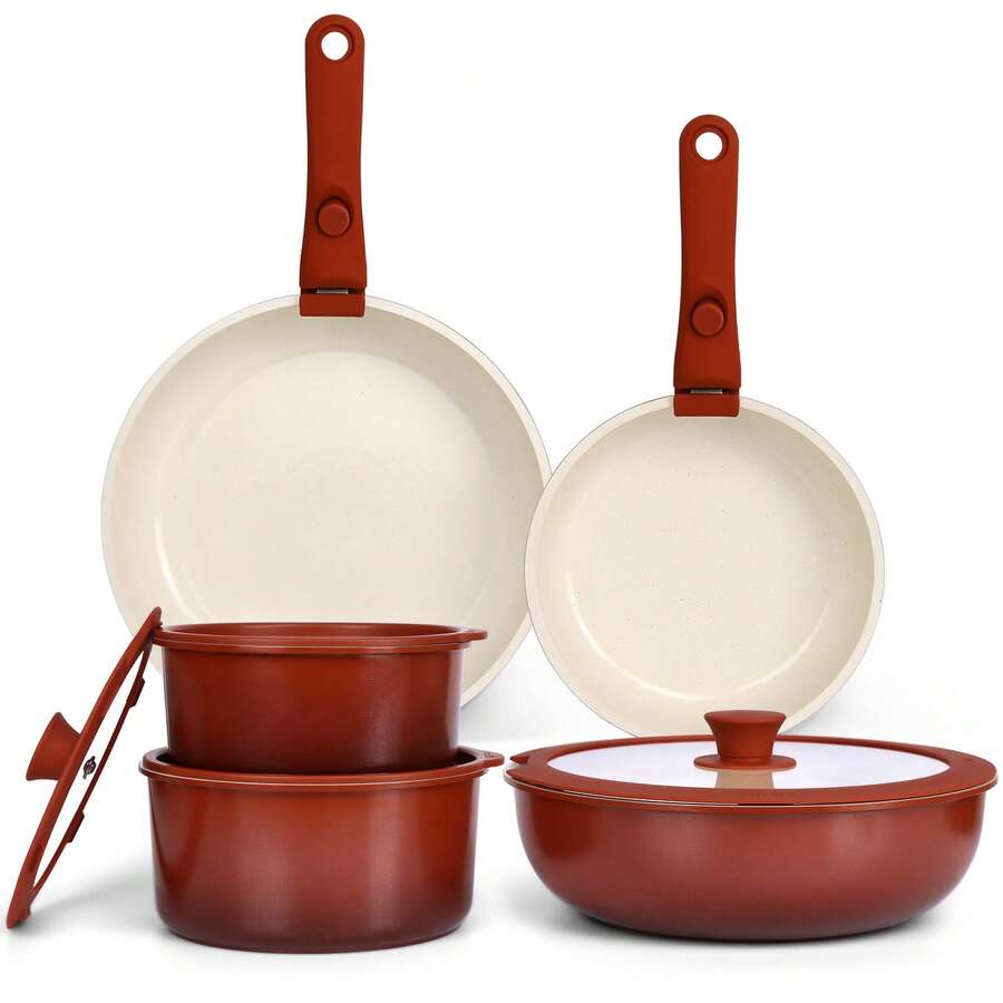 Upgrade Your Kitchen! GIPP Ceramic Non-Stick Cookware Set, Fry, Stew, Boil All-In-One, Easier Cooking!(Red,5PCS,11PCS)