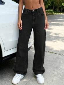 女士复古宽松直筒牛仔裤，休闲黑色 - 黑色 - 查看 2