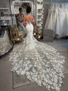 Elegant Sexy Off Shoulder Lace Appliqué Meimaid Satin Wedding Dress,Registry Office Dresses Bridal Gown,Evening Party Dress Birthday Party Dress Country Wedding,Romantic Church Ceremony Wedding Dress,Suitable For Wedding,Dating,Party,Singles' Party,Vacation,Formal Occasions,Dinner Dress,Prom Dress,Homecoming Dess,Cocktail Party,Wedding Guest Dress,Graduation - trắng - Xem 4