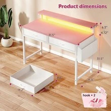 EnHomee 31.5"D Pink Computer Desk With LED Strip Lights & Ergonomic Monitor Stand 2 Fabric Drawers & Side Pocket Home Office Desk For Girl - 查看 8