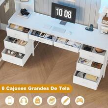 Cama alta full, Cama alta full con escritorio y luces LED, Estación de carga y estantes de almacenamiento, Base de cama de metal resistente con protección y escalera, No necesita somier, ahorra espacio - Blanco - Ver 5
