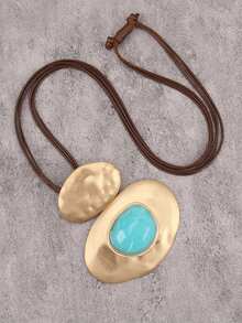 1pc Exaggerated Asymmetrical Oval Alloy Pendant Necklace, Luxury Chic Personality Blue Resin Sweater Chain Necklace, Valentine's Day Party Gift, Boyfriend/Couple, Daily Wear - Blue Resin - View 3